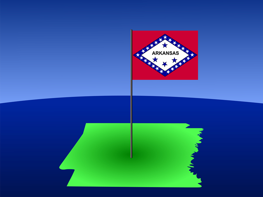Map Of Arkansas With Flag map of Arkansas and their flag on pole illustration
