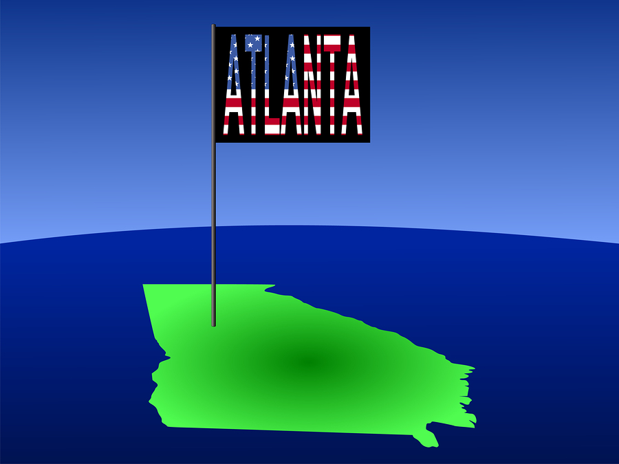 Atlanta On Georgia Map Map of Georgia with position of Atlanta marked by flag pole illustration