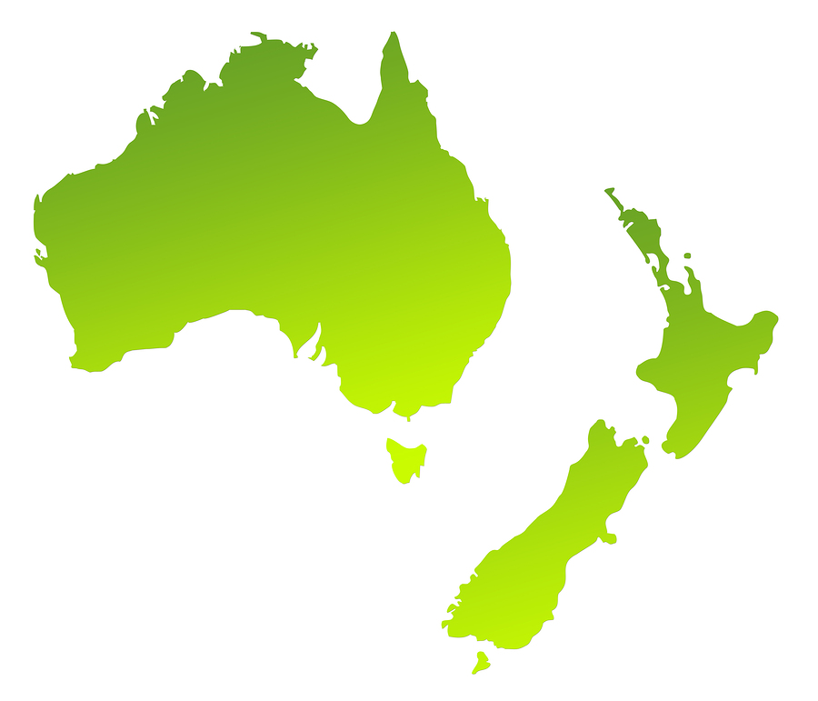 Green gradient map of Australia and New Zealand isolated on a white background.