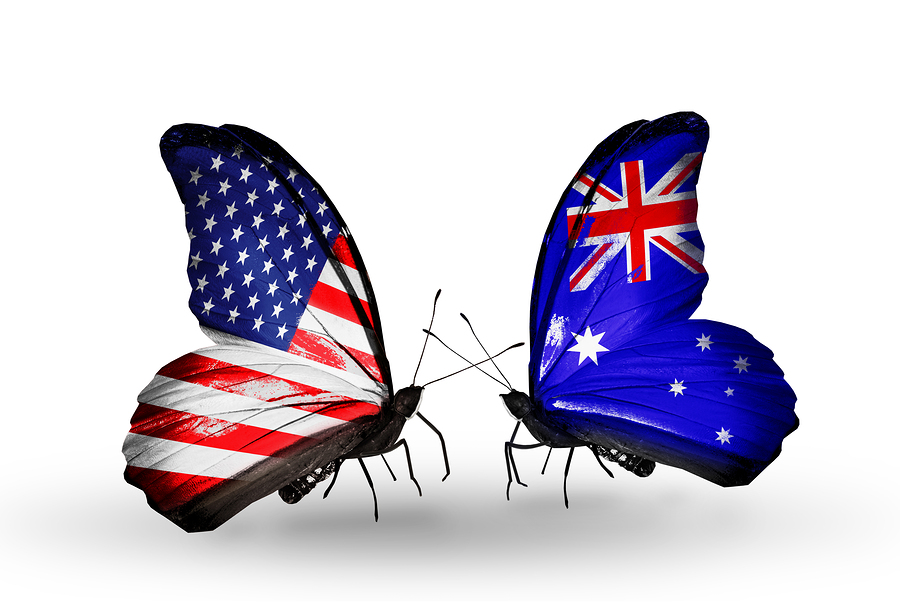 Two butterflies with flags on wings as symbol of relations USA and Australia