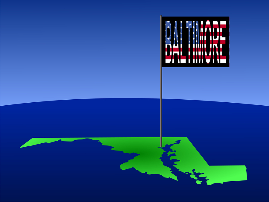 Baltimore On Maryland Map Map of maryland with position of Baltimore marked by flag pole illustration