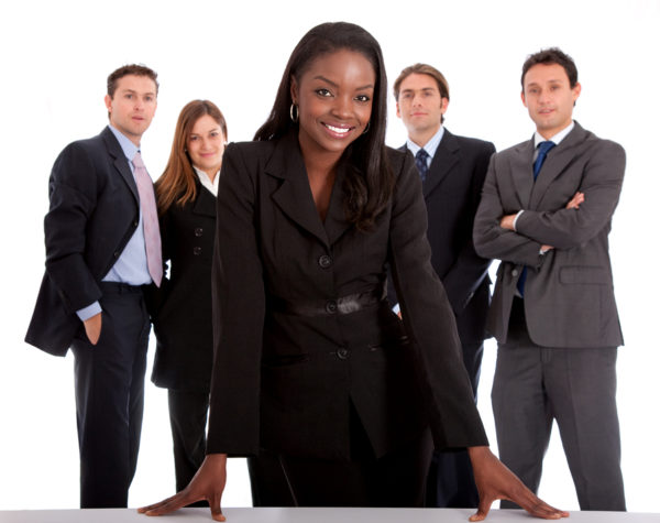 business woman and her team isolated over a white background