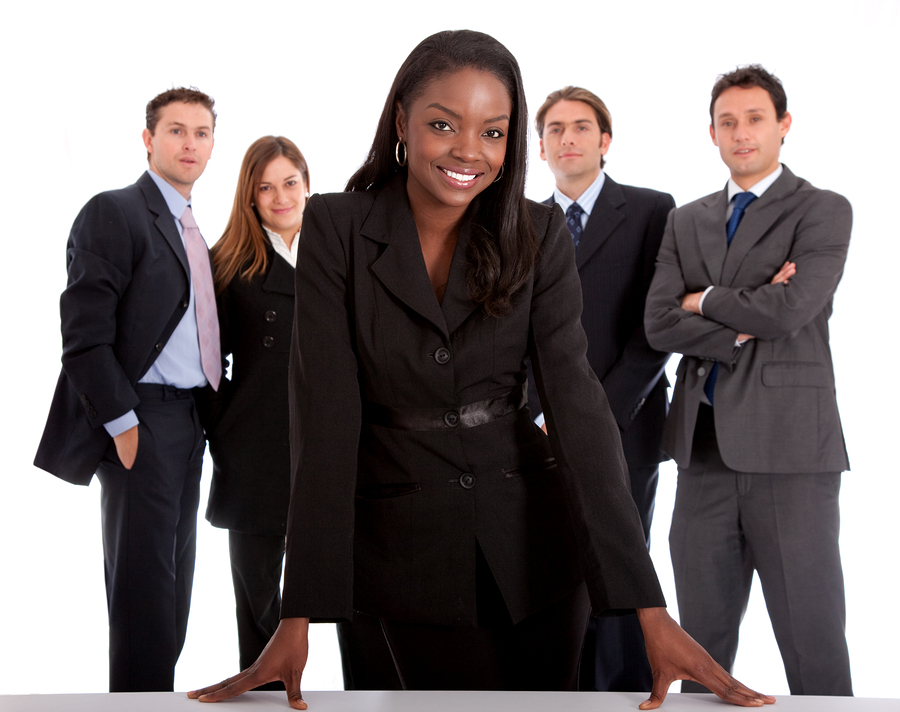 business woman and her team isolated over a white background