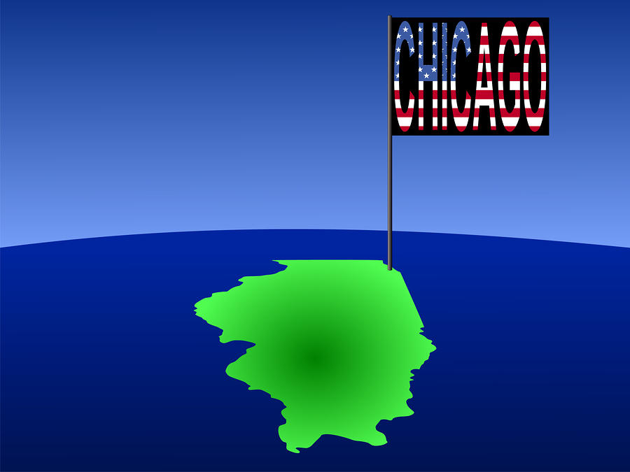 Chicago On Illinois Map Map of Illinois with position of Chicago marked by flag pole illustration