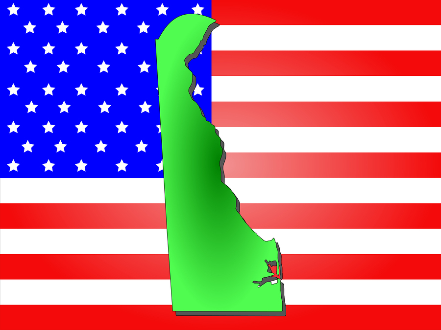 State Of Delaware Map of the State of Delaware and American flag