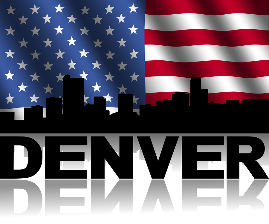 Denver skyline and text reflected with rippled American flag illustration