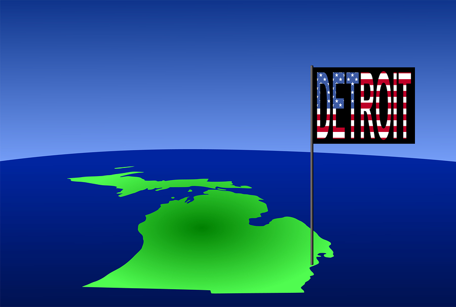 Detroit On Michigan Map Map of Michigan with position of Detroit marked by flag pole illustration