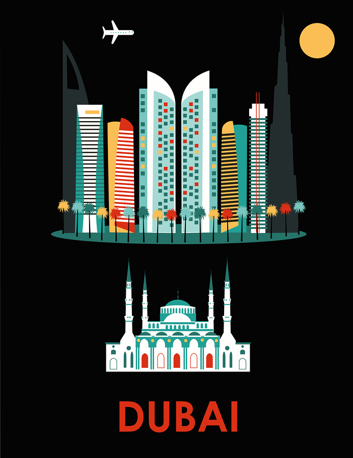 Illustration of Dubai city on black background.