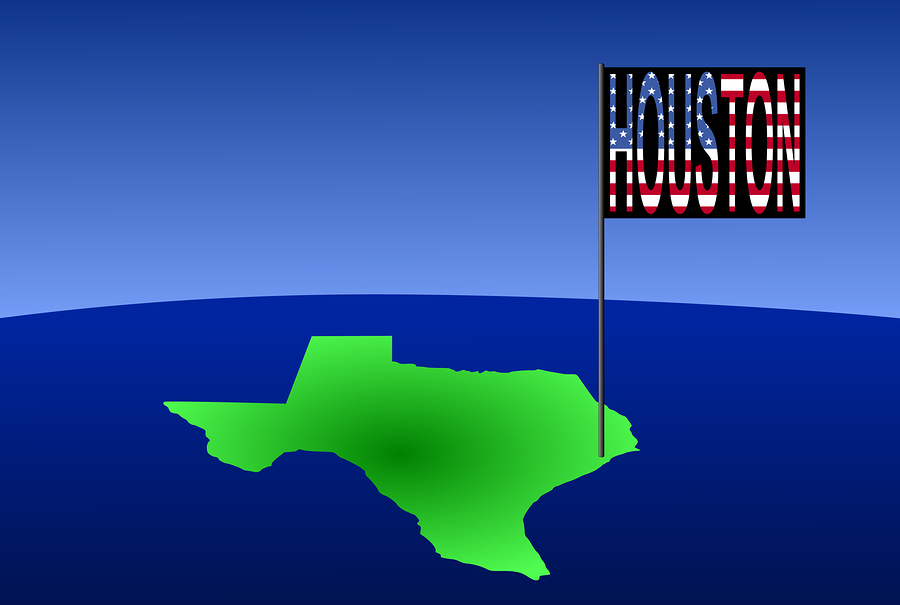 Hoston On Texas Map Map of Texas with position of Houston marked by flag pole illustration