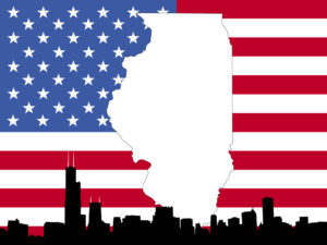 Map Of Illinois On American Flag With Chicago Skyline map of Illinois on American flag with Chicago skyline