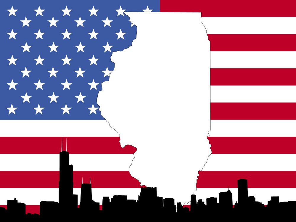 Map Of Illinois On American Flag With Chicago Skyline map of Illinois on American flag with Chicago skyline