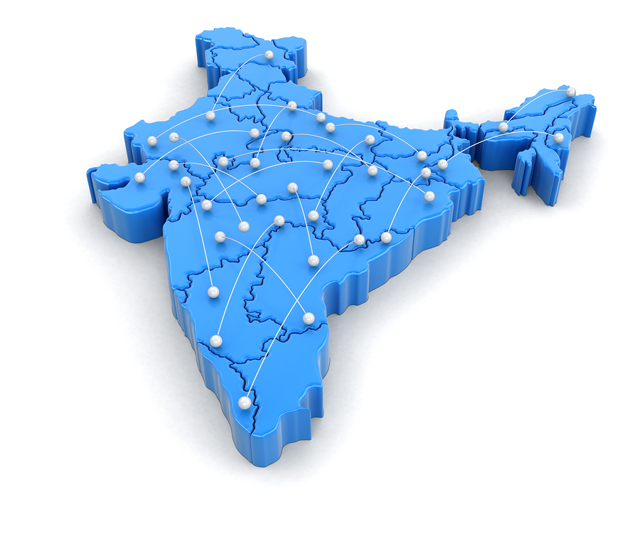 3D Illustration. Map of India with flight paths. Image with clipping path.