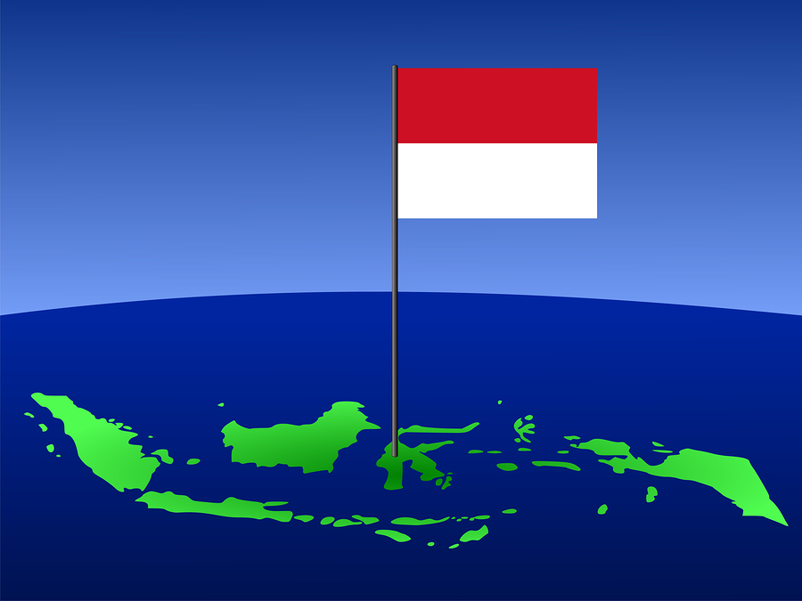 map of Indonesia and Indonesian flag on pole illustration