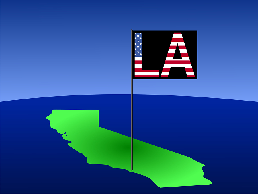 Los Angeles On California Map Map of California with position of Los Angeles marked by flag pole illustration
