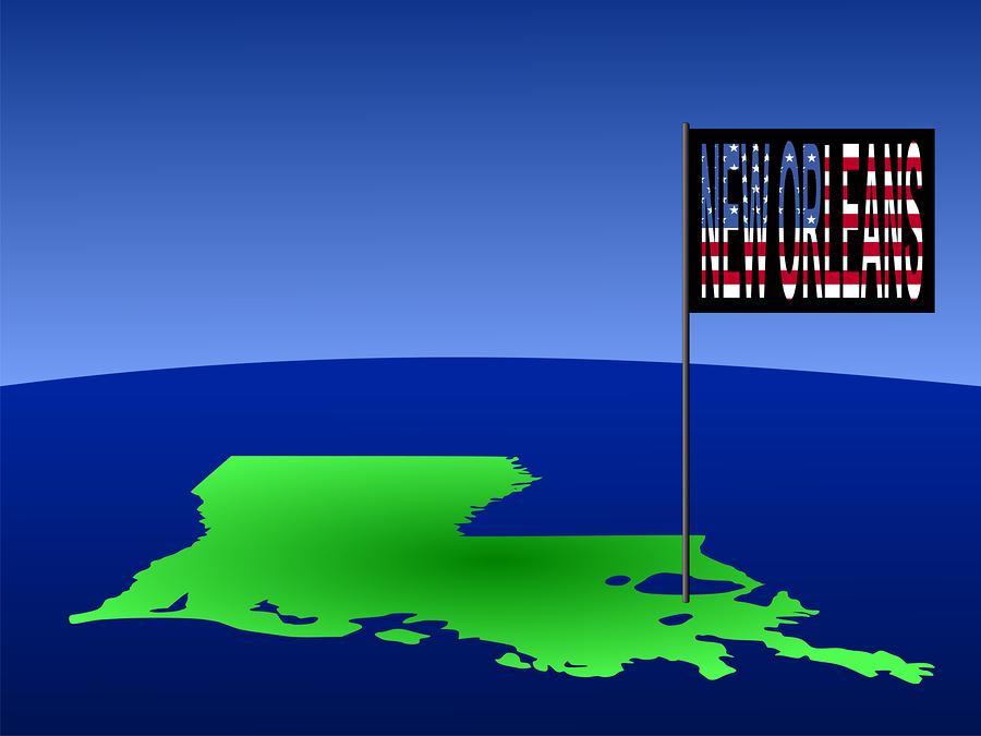New Orleans On Louisiana Map Map of Louisiana with position of New Orleans marked by flag pole illustration
