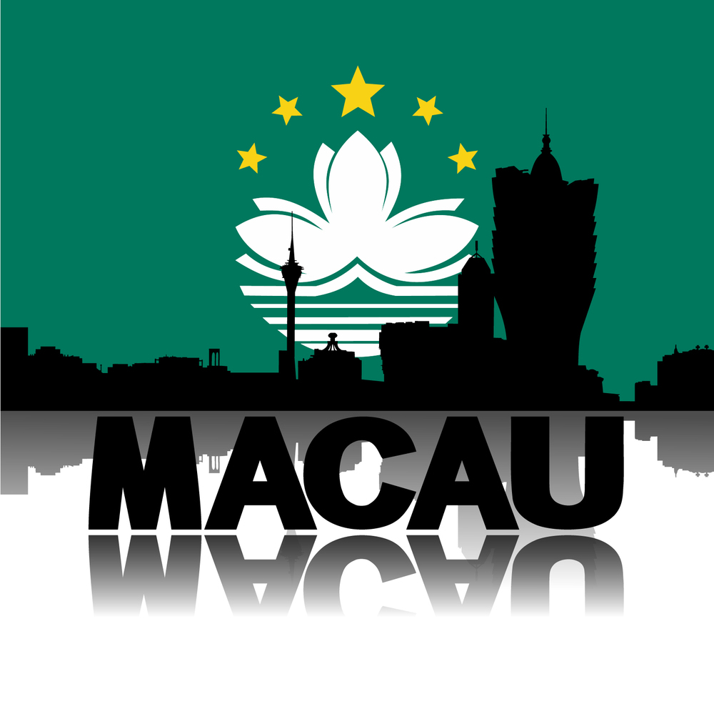 Macau skyline and text reflected with flag vector illustration