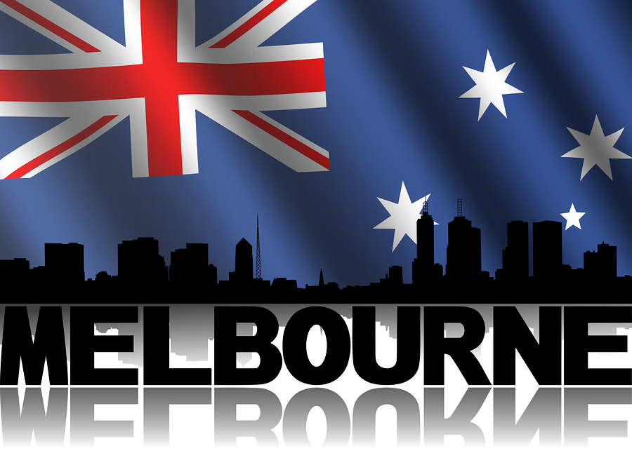Melbourne Skyline And Text Reflected With Rippled Australian Fla Melbourne skyline and text reflected with rippled Australian flag illustration