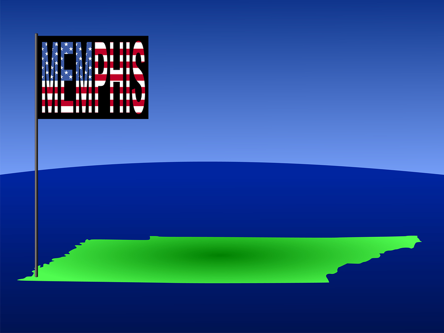 Memphis On Tennessee Map Map of Tennessee with position of Memphis marked by flag pole illustration