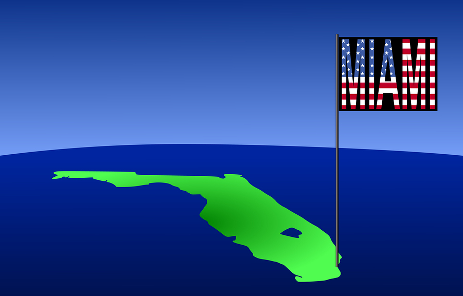 Miami On Florida Map Map of Florida with position of Miami marked by flag pole illustration