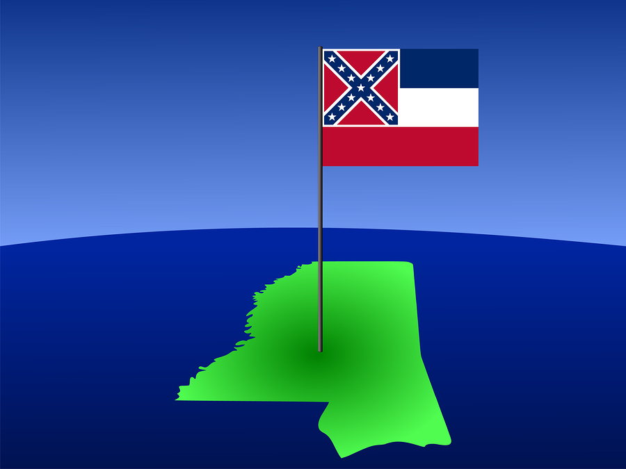 Map Of Mississippi With Flag map of Mississippi and their flag on pole illustration
