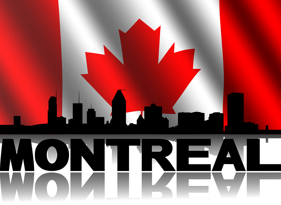 Montreal Skyline And Text Reflected With Rippled Canadian Flag I Montreal skyline and text reflected with rippled Canadian flag illustration