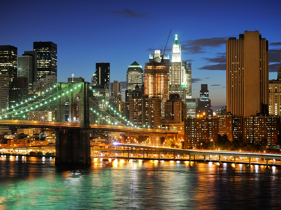 New York City Brooklyn Bridge Downtown At Night New york city Brooklyn bridge - downtown at night