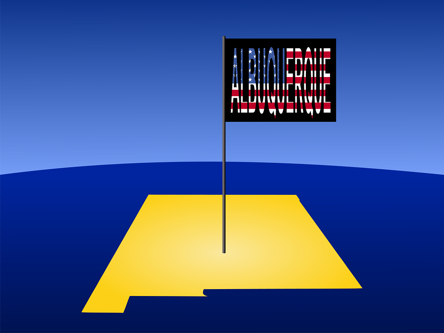 Albuquerque New Mexico Map of New Mexico with position of Albuquerque marked by flag pole illustration