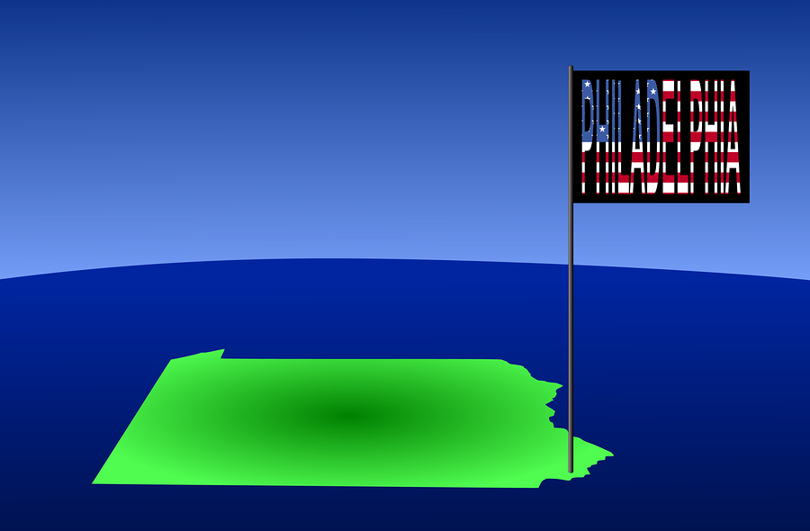 Map of Pennsylvania with position of Philadelphia marked by flag pole illustration