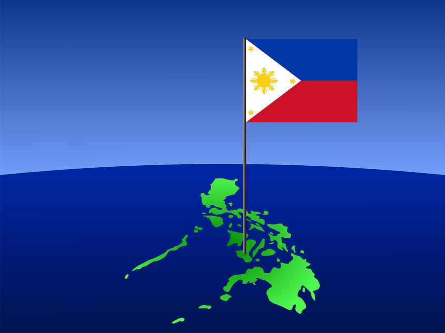 map of Philippines and filipino flag on pole illustration