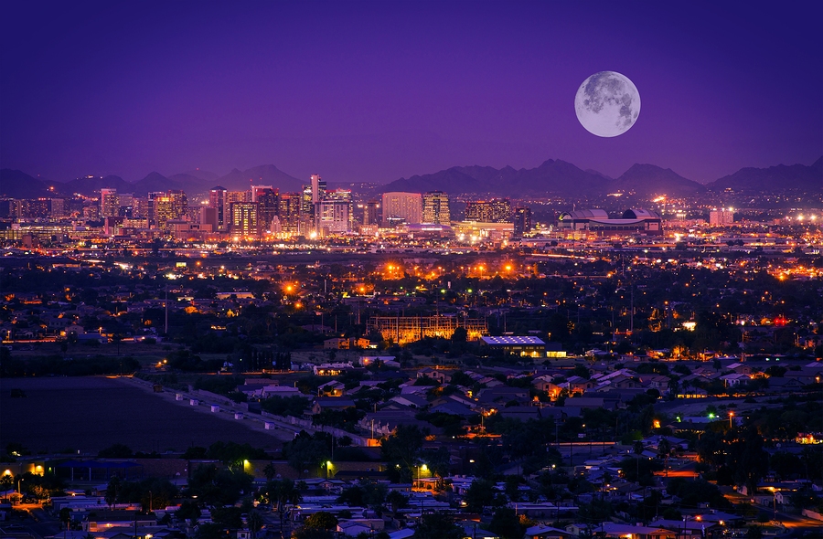 Phoenix Arizona Skyline Phoenix Arizona Skyline at Night. Full Moon Over Phoenix Arizona United States.