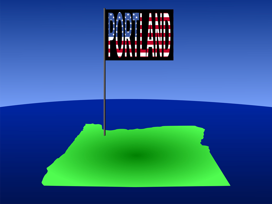 Portland Oregon Map of Oregon with position of Portland marked by flag pole illustration