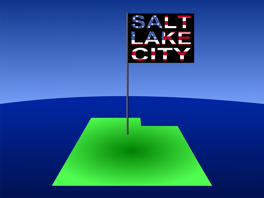 Salt Lake City Utah Map of Utah with position of Salt Lake City marked by flag pole illustration