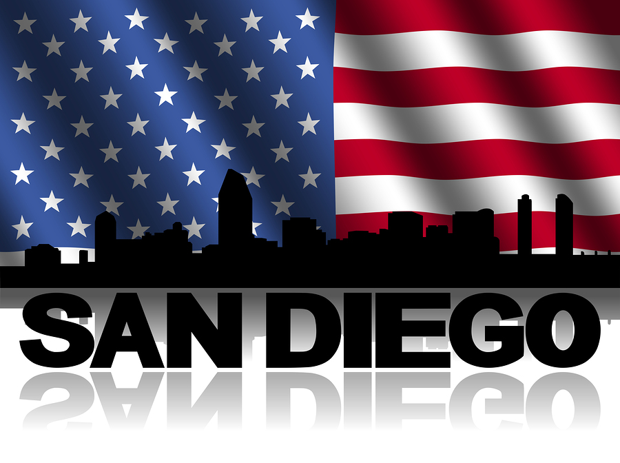 San Diego Skyline And Text Reflected With Rippled American Flag San Diego skyline and text reflected with rippled American flag illustration
