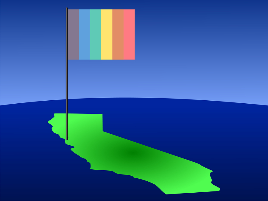 Map of California with position of San Francisco marked by rainbow flag