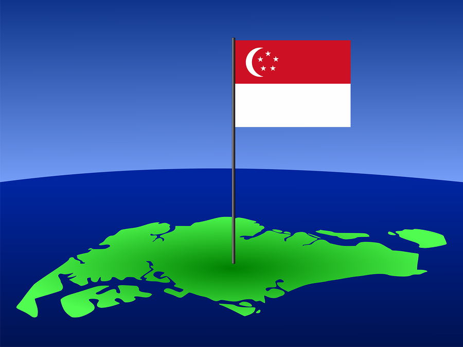 map of Singapore and their flag on pole illustration