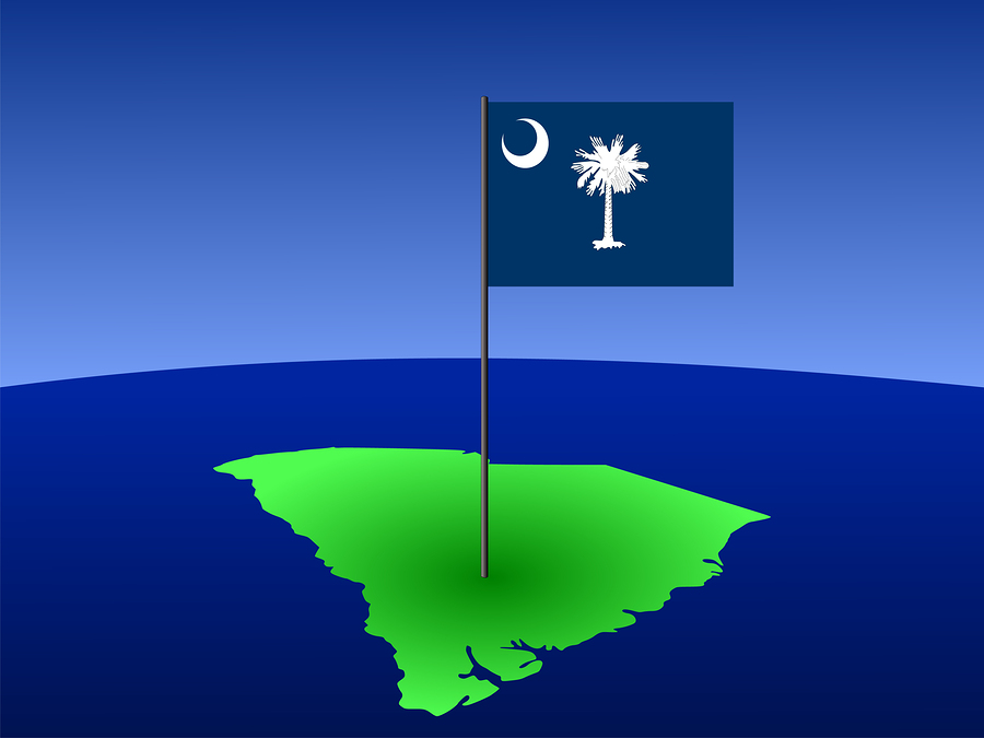 map of South Carolina and their flag on pole illustration