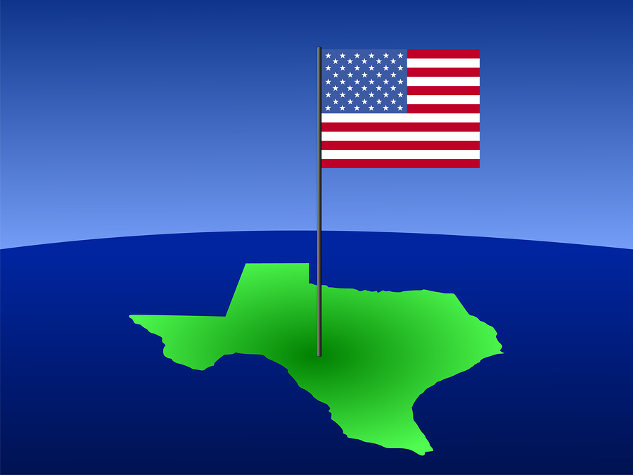 Map Of Texas With Flag Map of Texas with American flag on pole illustration