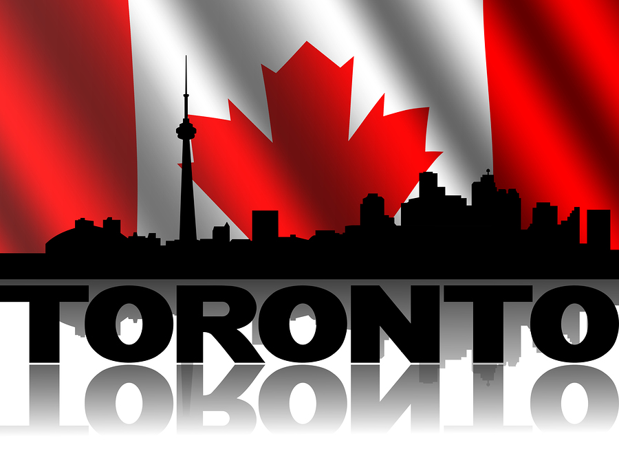 Toronto Skyline And Text Reflected With Rippled Canadian Flag Il Toronto skyline and text reflected with rippled Canadian flag illustration