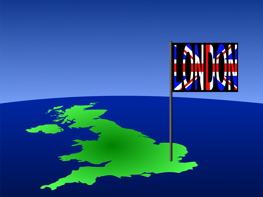 Map of UK with London British flag