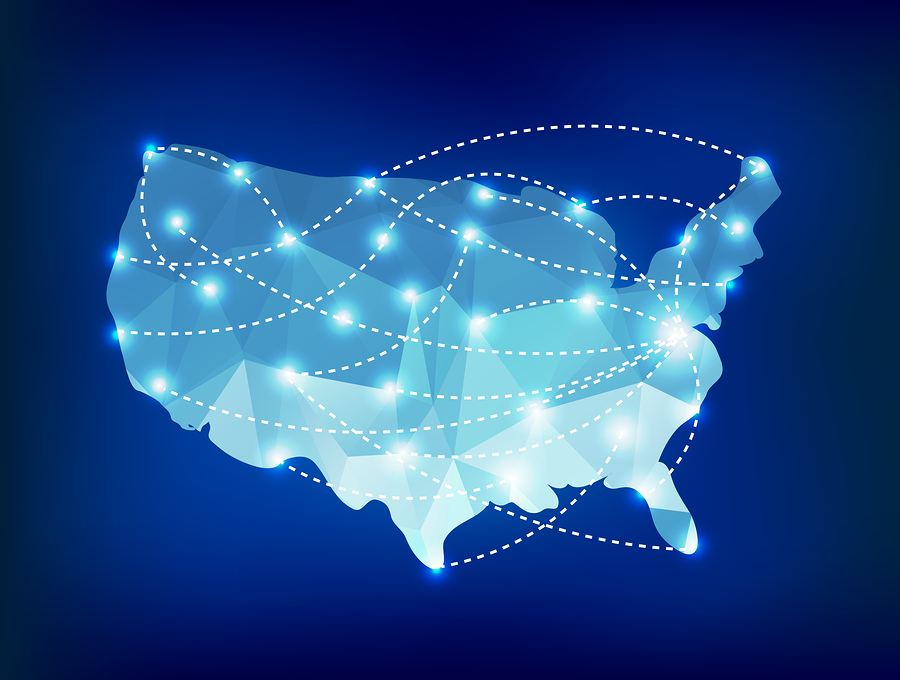 USA country map polygonal with spot lights places sample
