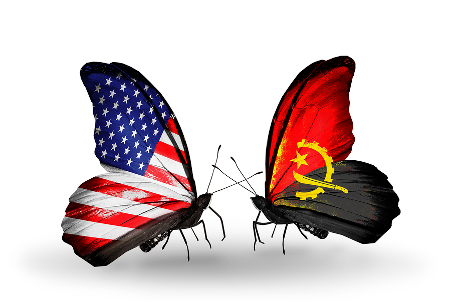 Two butterflies with flags on wings as symbol of relations USA and Angola