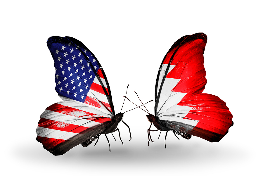 Two Butterflies With Flags On Wings As Symbol Of Relations Usa A Two butterflies with flags on wings as symbol of relations USA and Bahrain