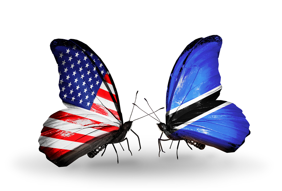 Two butterflies with flags on wings as symbol of relations USA and Botswana