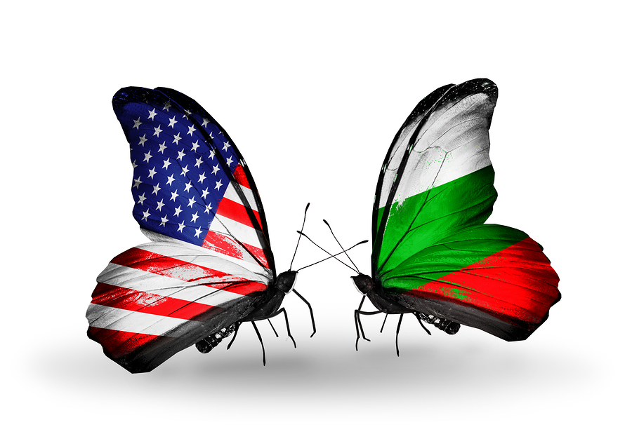 Two butterflies with flags on wings as symbol of relations USA and Bulgaria