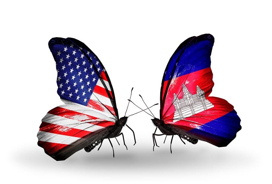 Two butterflies with flags on wings as symbol of relations USA and Cambodia