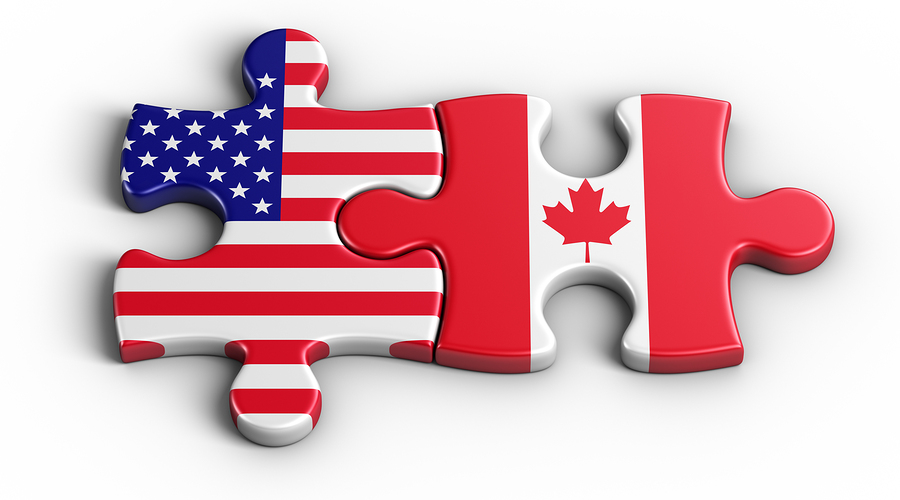 3d rendering of an american puzzle piece and a Canadian