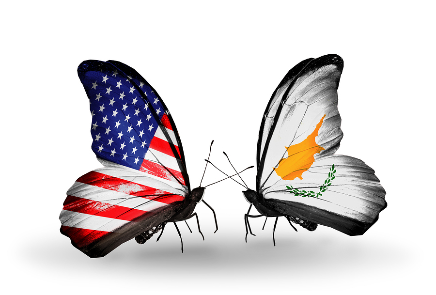 Two butterflies with flags on wings as symbol of relations USA and Cyprus