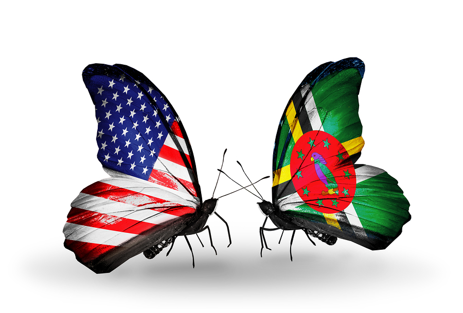 Two butterflies with flags on wings as symbol of relations USA and Dominica