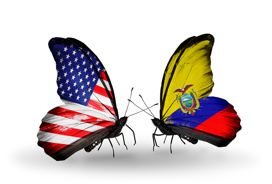 Two butterflies with flags on wings as symbol of relations USA and Ecuador