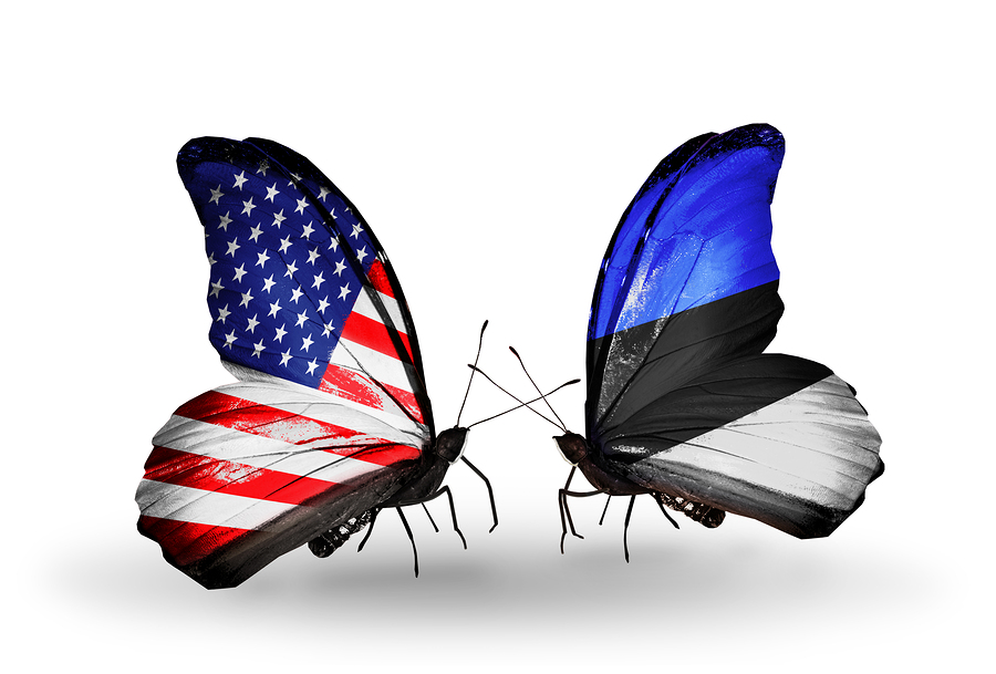Two butterflies with flags on wings as symbol of relations USA and Estonia